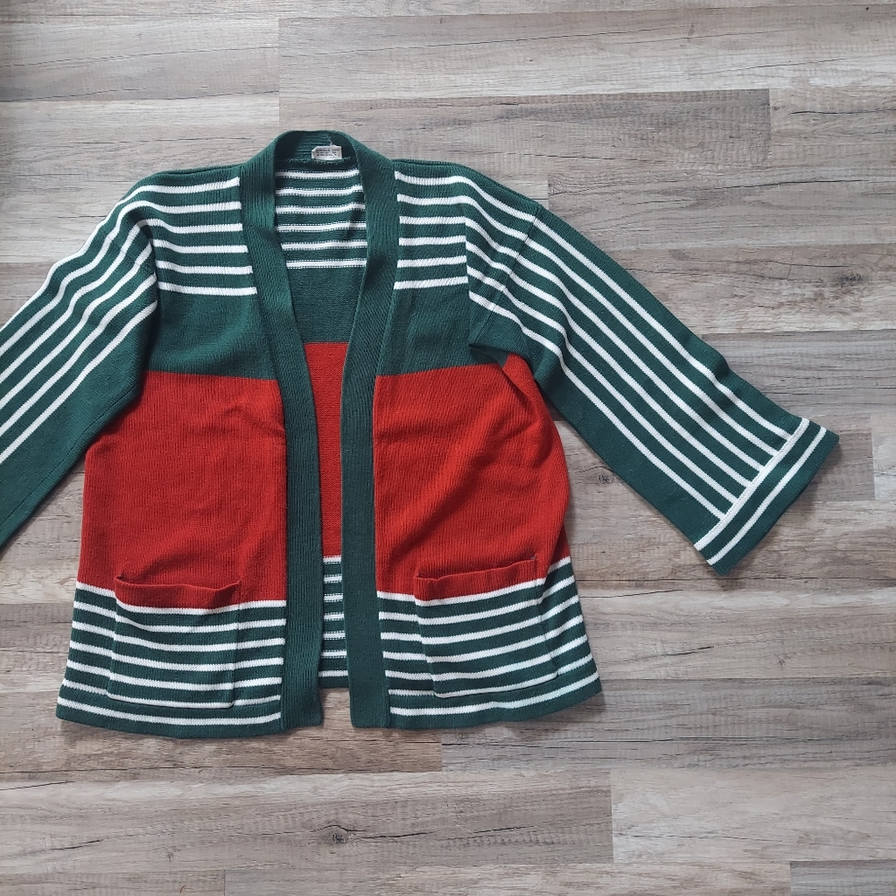 Vintage 70s 80s Open Front Striped Cardigan Medium